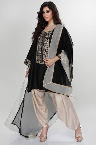 Black embroidered matt blended silk kurta beige dhoti set