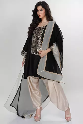 Black embroidered matt blended silk kurta beige dhoti set