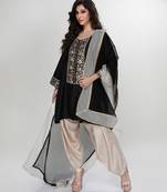 Black embroidered matt blended silk kurta beige dhoti set