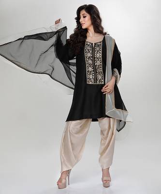 Black embroidered matt blended silk kurta beige dhoti set 2