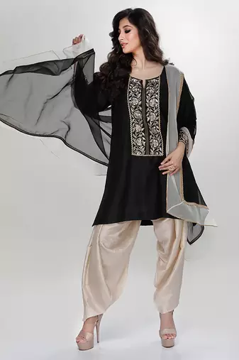 Black embroidered matt blended silk kurta beige dhoti set