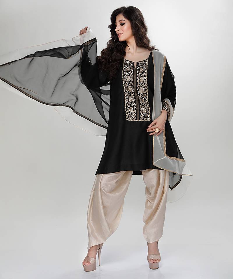 Black embroidered matt blended silk kurta beige dhoti set