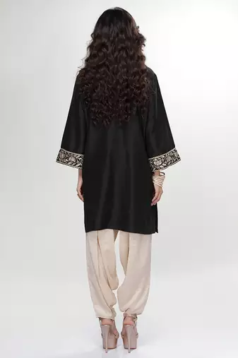 Black embroidered matt blended silk kurta beige dhoti set