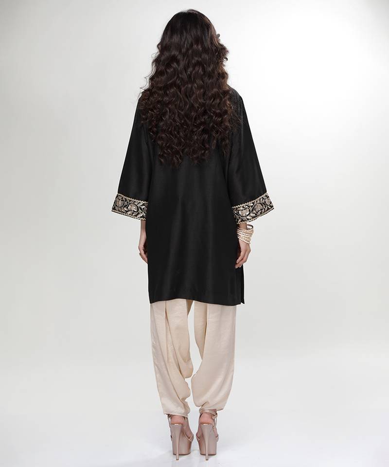 Black embroidered matt blended silk kurta beige dhoti set