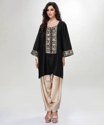 Black embroidered matt blended silk kurta and beige dhoti salwar 1