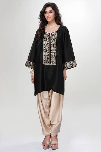 Black embroidered matt blended silk kurta and beige dhoti salwar