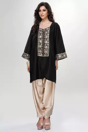 Black embroidered matt blended silk kurta and beige dhoti salwar