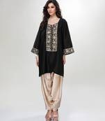 Black embroidered matt blended silk kurta and beige dhoti salwar