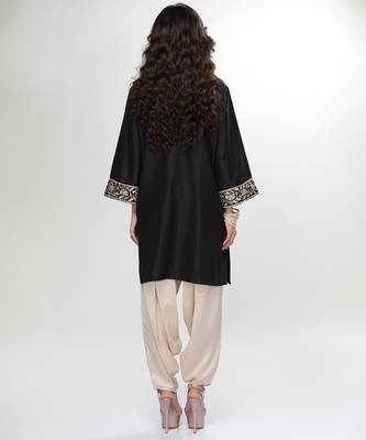 Black embroidered matt blended silk kurta and beige dhoti salwar 2
