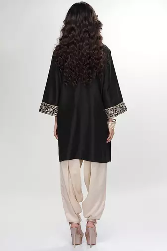 Black embroidered matt blended silk kurta and beige dhoti salwar