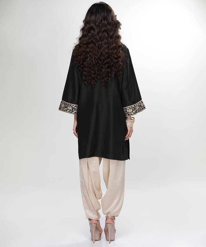 Black embroidered matt blended silk kurta and beige dhoti salwar