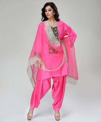 Fuchsia pink embroidered texture silk kurta dhoti set 1