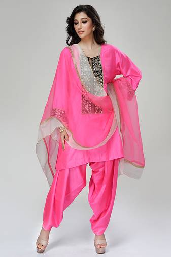 Fuchsia pink embroidered texture silk kurta dhoti set
