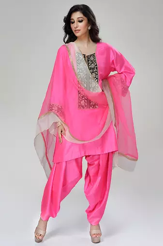 Fuchsia pink embroidered texture silk kurta dhoti set