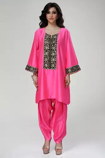 Fuchsia pink embroidered texture silk kurta dhoti set