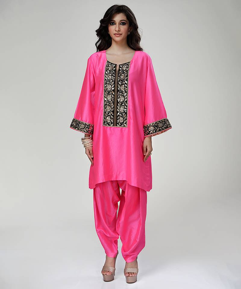Fuchsia pink embroidered texture silk kurta dhoti set