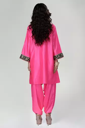 Fuchsia pink embroidered texture silk kurta dhoti set