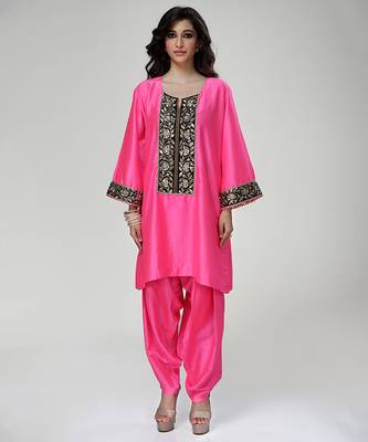 Fuchsia pink embroidered texture silk kurta and dhoti salwar 1