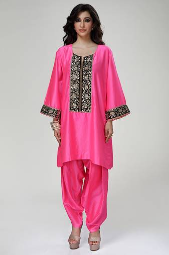 Fuchsia pink embroidered texture silk kurta and dhoti salwar