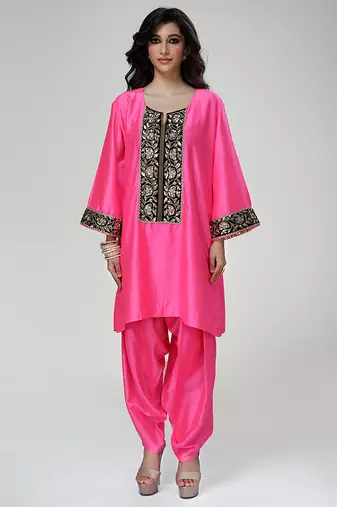 Fuchsia pink embroidered texture silk kurta and dhoti salwar