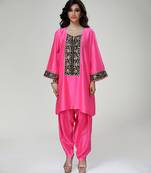 Fuchsia pink embroidered texture silk kurta and dhoti salwar