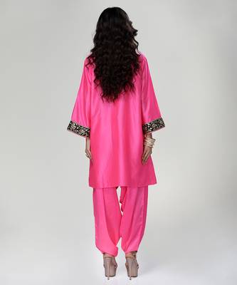 Fuchsia pink embroidered texture silk kurta and dhoti salwar 2