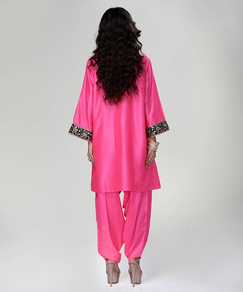 Fuchsia pink embroidered texture silk kurta and dhoti salwar
