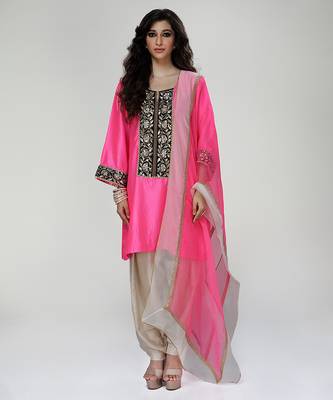 Fuchsia pink embroidered texture silk kurta beige dhoti set 1