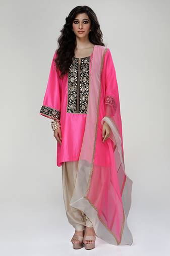 Fuchsia pink embroidered texture silk kurta beige dhoti set