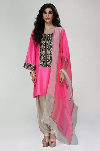 Fuchsia pink embroidered texture silk kurta beige dhoti set