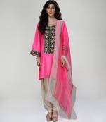 Fuchsia pink embroidered texture silk kurta beige dhoti set