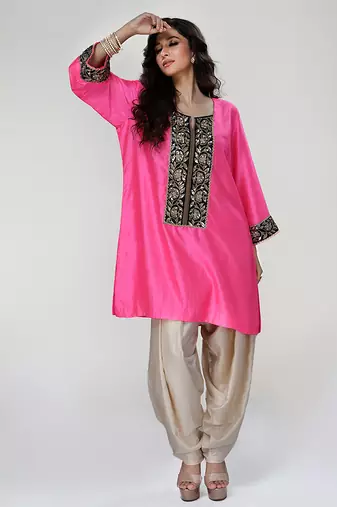 Fuchsia pink embroidered texture silk kurta beige dhoti set