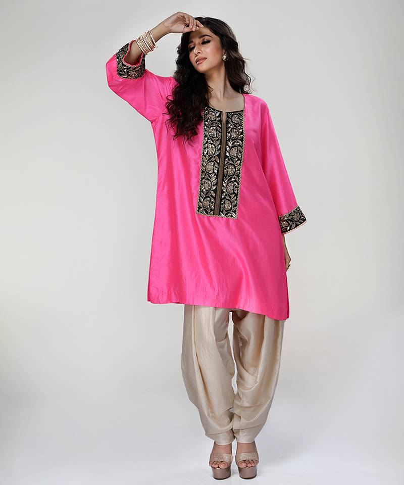 Fuchsia pink embroidered texture silk kurta beige dhoti set