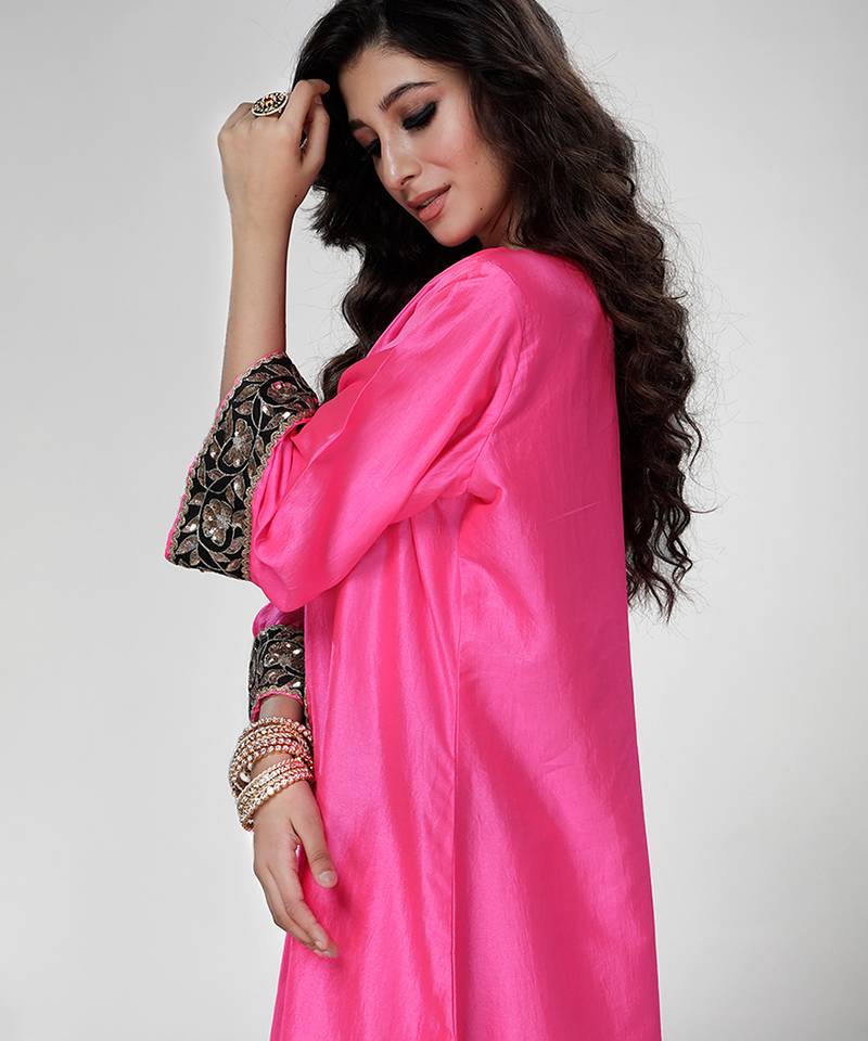 Fuchsia pink embroidered texture silk kurta beige dhoti set