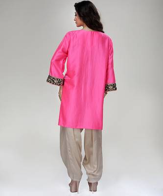 Fuchsia pink embroidered texture silk kurta beige dhoti set 4