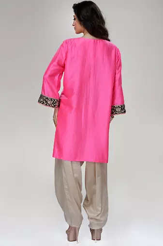 Fuchsia pink embroidered texture silk kurta beige dhoti set