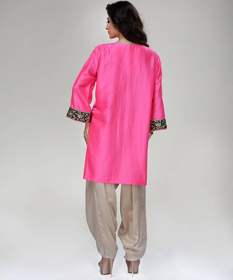 Fuchsia pink embroidered texture silk kurta beige dhoti set
