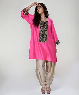 Fuchsia pink embroidered texture silk kurta and beige dhoti salwar 1