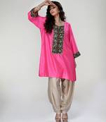 Fuchsia pink embroidered texture silk kurta and beige dhoti salwar