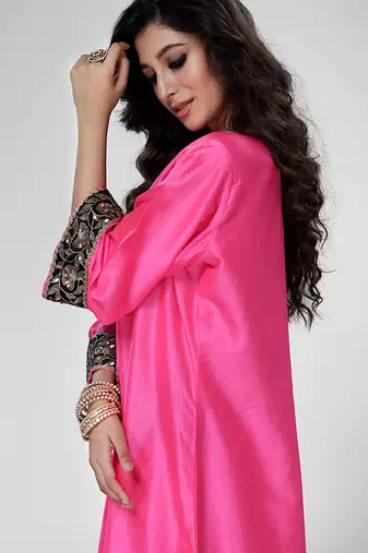 Fuchsia pink embroidered texture silk kurta and beige dhoti salwar
