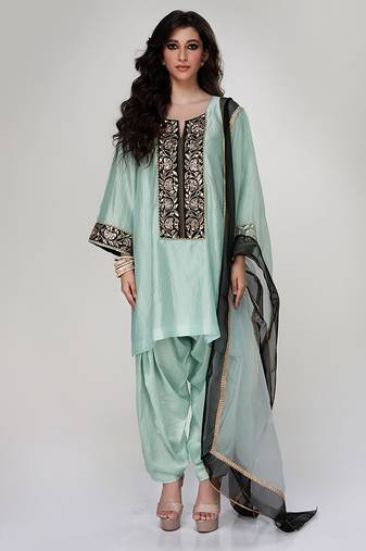Powder blue embroidered texture silk kurta dhoti set