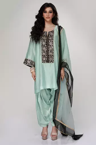 Powder blue embroidered texture silk kurta dhoti set
