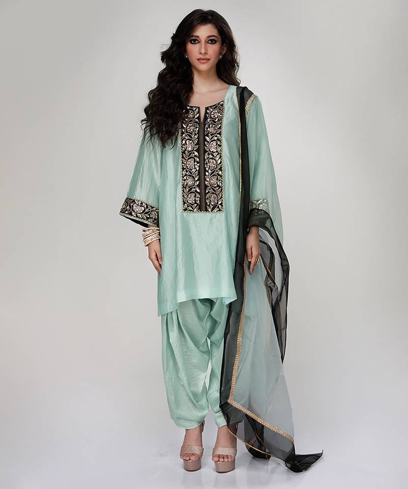 Powder blue embroidered texture silk kurta dhoti set