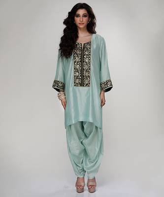 Powder blue embroidered texture silk kurta dhoti set 2