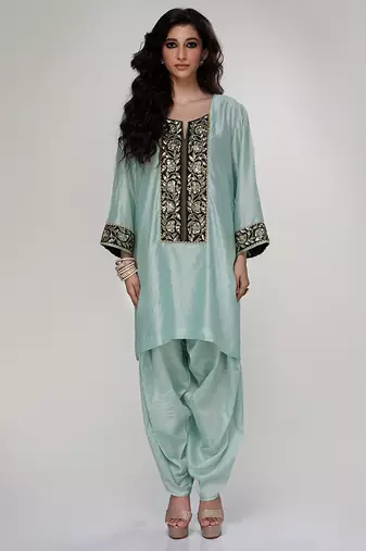 Powder blue embroidered texture silk kurta dhoti set