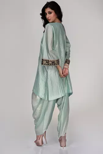 Powder blue embroidered texture silk kurta dhoti set
