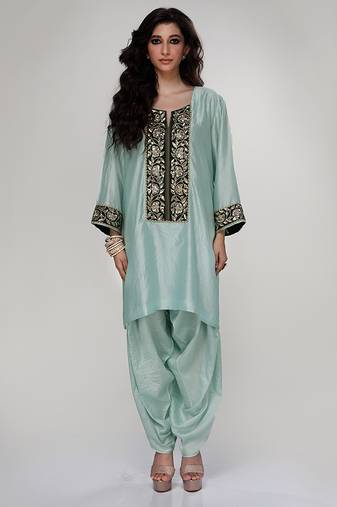 Powder blue embroidered texture silk kurta and dhoti salwar
