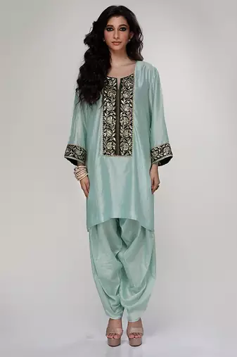 Powder blue embroidered texture silk kurta and dhoti salwar