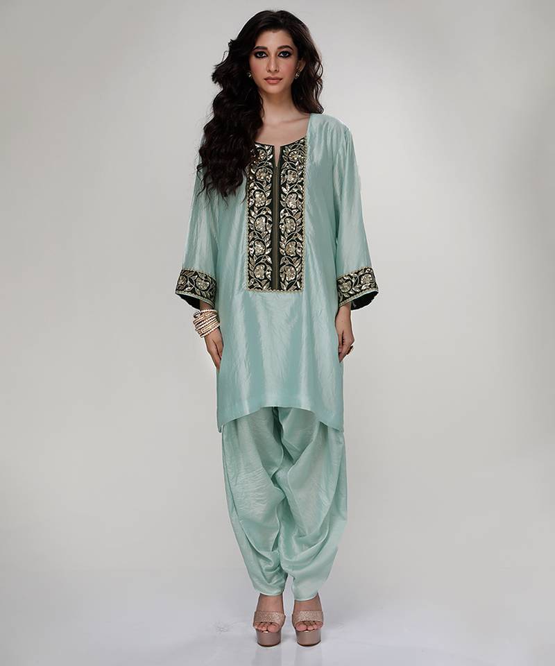 Powder blue embroidered texture silk kurta and dhoti salwar