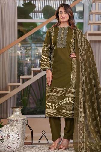 Green cotton printed straight kurti-pant-dupatta set